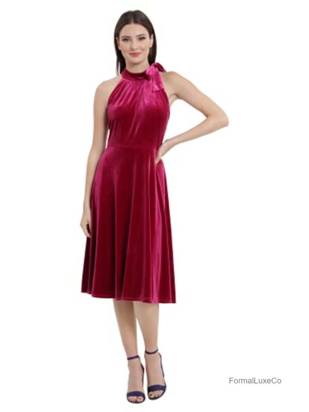 Stretch Velvet Fit & Flare Dress with Tie Neck, Cocktail Dress